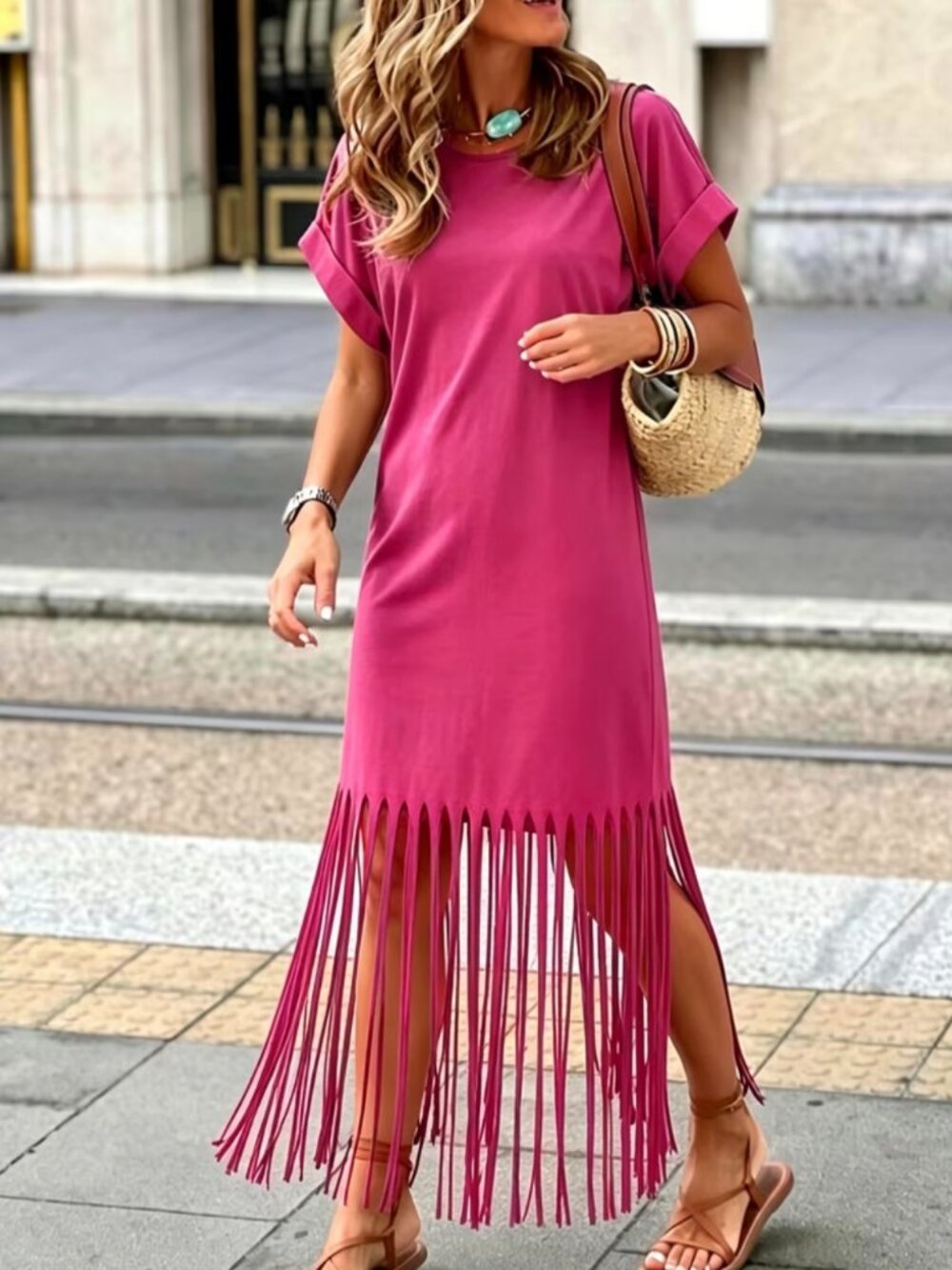 Fashion Women'S Round Neck Tassel Loose Solid Color Casual Outing Individual